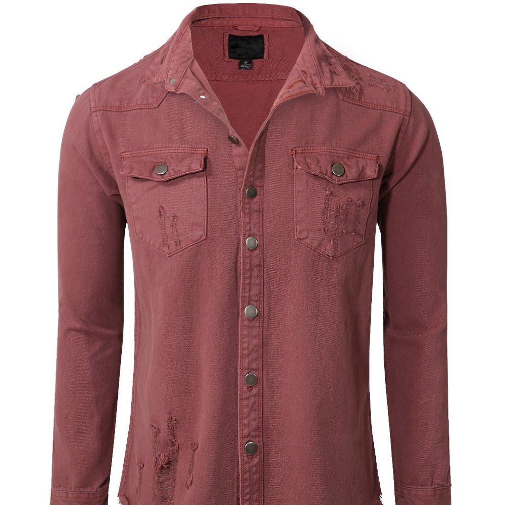 Men's Ripped Denim Jacket Button Shirt in Brick Medium